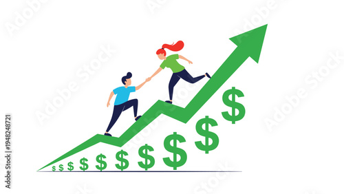 Supportive woman helping a colleague climb up a rising green bar graph decorated with dollar signs representing financial mentorship.