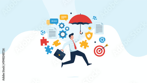 Agile businessman jumping with a red umbrella surrounded by jigsaw pieces, gears, documents, and a target icon for project management.