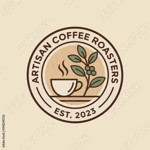 This logo features a stylish coffee cup with steam and a coffee plant, representing the artisanal approach to coffee roasting in a clean, modern design aesthetic.