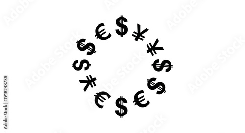 Currency Symbols Arranged in a Circular Pattern on White.