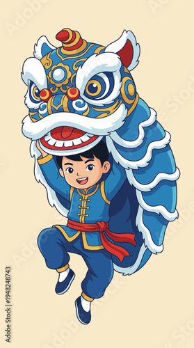 A joyful child is depicted performing a lion dance, showcasing vibrant colors and traditional attire, representing cultural heritage and festive celebration.