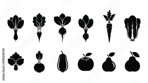 A collection of black silhouette icons of various vegetables and fruits on a white background