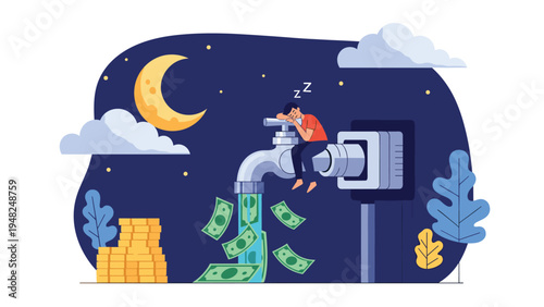 Relaxed man sleeping on a giant water tap with dollar bills flowing out at night representing passive income and financial freedom.