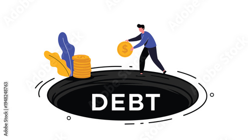 Person throwing gold coins into a deep dark hole labeled debt symbolizing financial loss and the struggle of repaying loans.