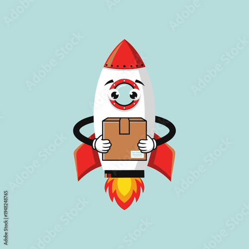 Cartoon Rocket Character Delivering Package.