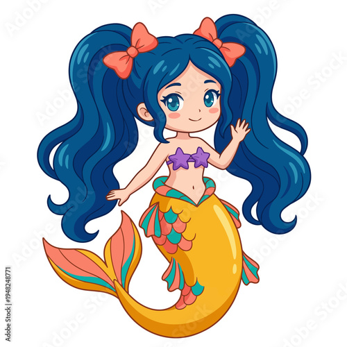 A playful mermaid character with bright blue hair and colorful tail, capturing the whimsical essence of underwater fantasy and embodiment of charm and magic.