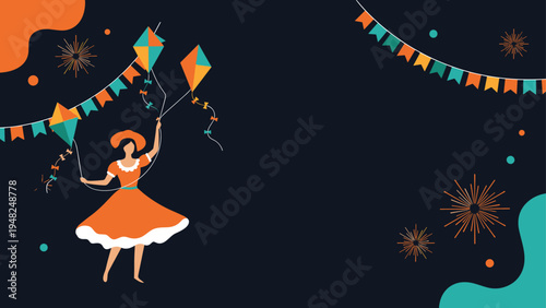 Festive scene featuring a woman in traditional orange dress dancing with kites under strings of flags at night festival.