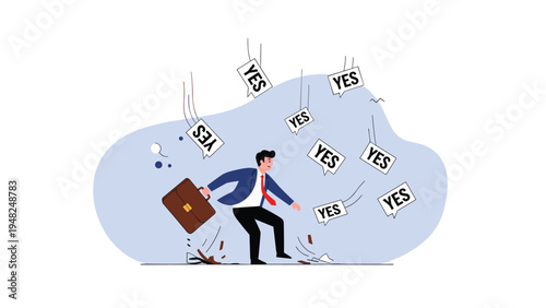 Stressed businessman running with his briefcase through a rain of speech bubbles saying yes representing overwhelming work requests.