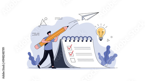 Motivated professional holding a giant pencil while checking off tasks on a large notebook representing project completion and planning.