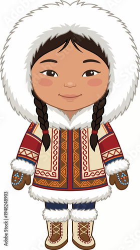 A charming cartoon character dressed in traditional Arctic attire featuring fur and colorful patterns, embodying the spirit of the indigenous cultures of the cold regions.