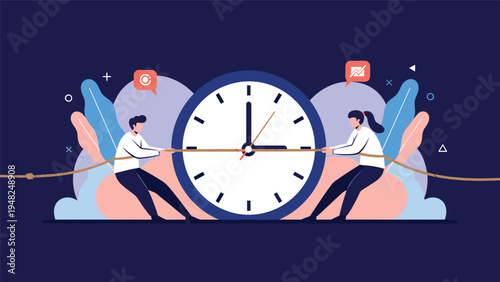 Two professionals engaged in a tug of war with a rope across a giant clock face symbolizing the struggle of time management and deadlines.