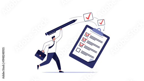 Professional businessman using a giant pen to check off completed tasks on a floating clipboard to represent organizational success.