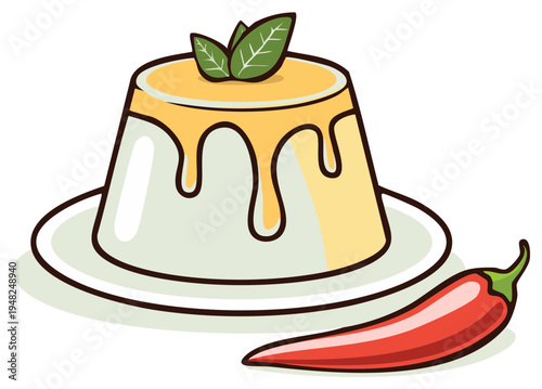 Panna Cotta Dessert with Chili Pepper and Mint Leaves Illustration