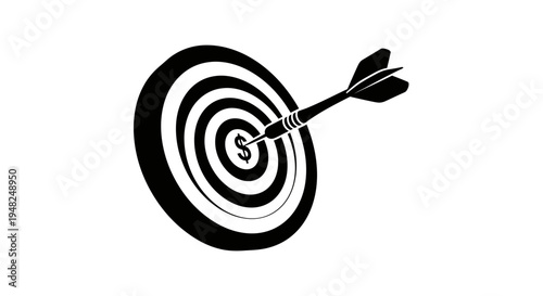Dart Hitting Bullseye of Target with Dollar Sign, Black and White.