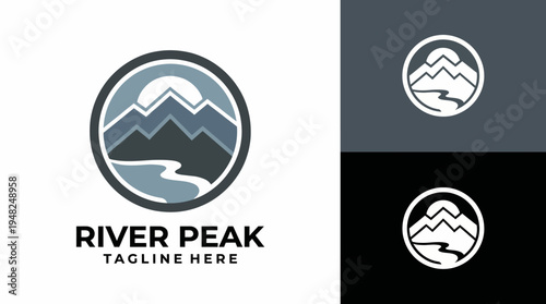 This logo features a mountain peak with a river flowing beneath, designed for outdoor, adventure, or travel brands, blending nature's beauty with modern aesthetics.
