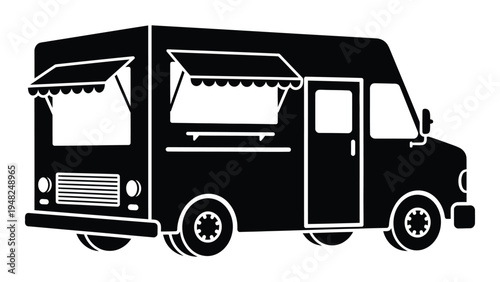 A black and white image of a food truck with awning and serving window, a mobile kitchen on wheels for events and festivals