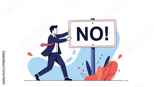 Determined businessman pushing against a large sign with the word no to represent overcoming rejection and persistent career growth.