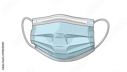 Detailed light blue three ply surgical face mask with elastic ear loops for protection against viruses and pollution.