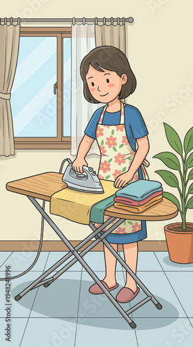A woman with a cheerful expression ironing clothes in a cozy home environment, illustrating the everyday tasks associated with home and family care.