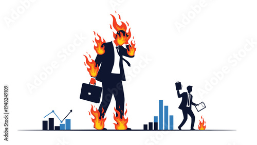 Stressed businessman covered in flames while walking past financial graphs representing workplace burnout and intense pressure of the corporate world.
