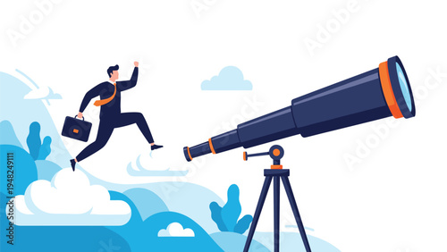 Visionary businessman jumping towards a giant telescope on clouds representing future planning and looking for new opportunities in the industry.