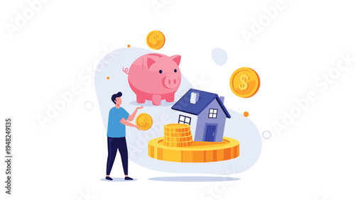 Smart investor saving money in a pink piggy bank to buy a house representing financial planning and property investment for the future.