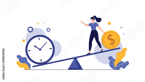 Professional woman balancing on a seesaw between time and money representing work life balance and efficient management of resources.