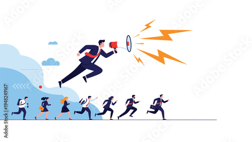 Dynamic leader flying with a megaphone through a target ring leading a group of running employees representing powerful motivation and vision.