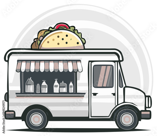 Illustration of taco truck and tasty Mexican food ready to serve customers.