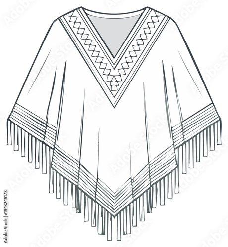 Fringe Poncho Fashion Sketch Illustration with Neckline Pattern
