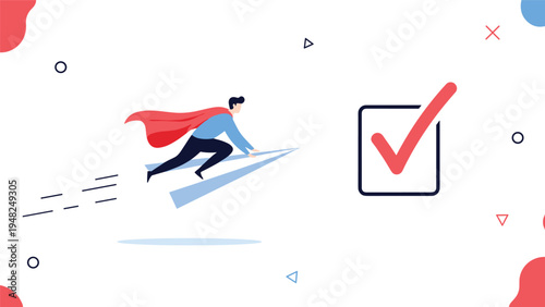 Business superhero flying on a large paper plane towards a giant checkmark representing heroic task completion and extraordinary efficiency.