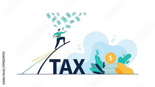 Determined man running on a rising ramp above the word TAX towards falling banknotes representing strategies for tax efficiency and profit.