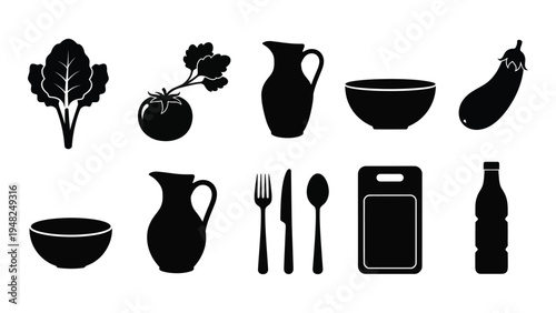 A comprehensive collection of kitchen utensils and ingredients for culinary preparation and cooking