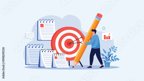 Creative professional using a large pencil to mark goals on a target surrounded by notebooks representing strategic planning and task management.