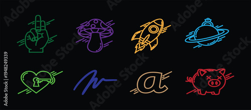 Neon signs and symbols in various colors