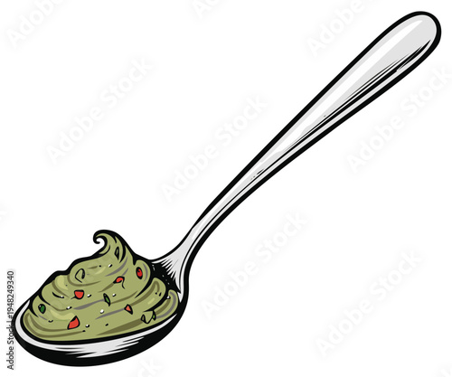 A single metal spoon holding a portion of creamy green avocado dip with small red pepper flecks