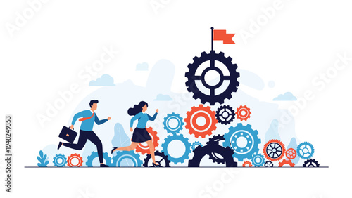 Team of employees running on interconnected gears towards a goal flag representing technical cooperation and efficient industrial production.