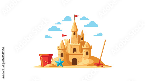 Detailed sandcastle with flags on a beach with red bucket, blue star, and rake under sunny sky with clouds.