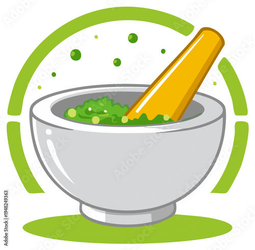 Illustration of a mortar and pestle preparing green ingredients