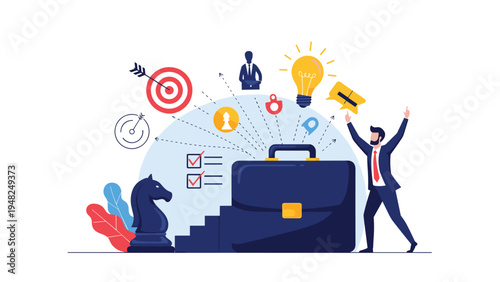 Successful businessman celebrating next to a giant briefcase filled with icons of targets and chess pieces symbolizing master business strategy.