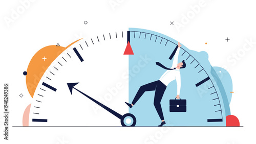 Stressed businessman hanging from the needle of a giant clock representing pressure of deadlines and struggle with time management at work.