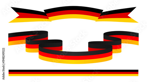 Set of three German flag-colored vector ribbons and one horizontal stripe, featuring black, red, and yellow bands, ideal for national events, banners, and patriotic designs.
