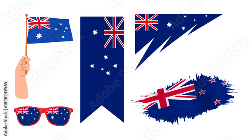Set of 5 Australian flag vector illustrations including a hand holding a flag, vertical banner, corner element, sunglasses, and a grunge brush stroke design