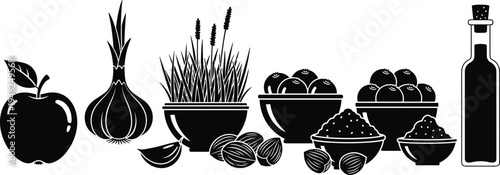 Passover traditional food symbols silhouette set including apple, garlic, wheat grass, nuts, olives, spices and wine bottle