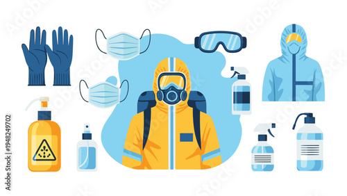 Comprehensive set of personal protective equipment including masks, gloves, and hazmat suit for health and safety.
