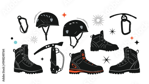 Collection of mountaineering and rock climbing equipment including helmets, boots, ice axe, and carabiner clips.