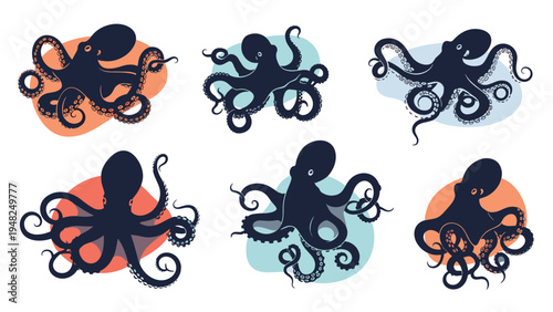 Artistic set of octopus illustrations showing marine animals in various swimming poses with colorful background accents.