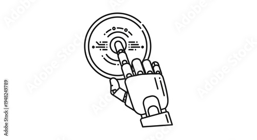 Robotic hand pressing a futuristic button in a digital interface.