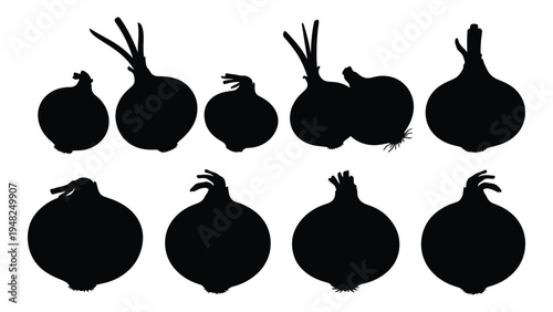 A collection of black onion silhouettes on a white background, showcasing various shapes and sizes of onions, likely used for culinary or decorative purposes.