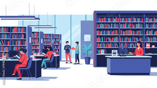 Modern public library interior with people sitting at desks reading books and working on computers near tall shelves.